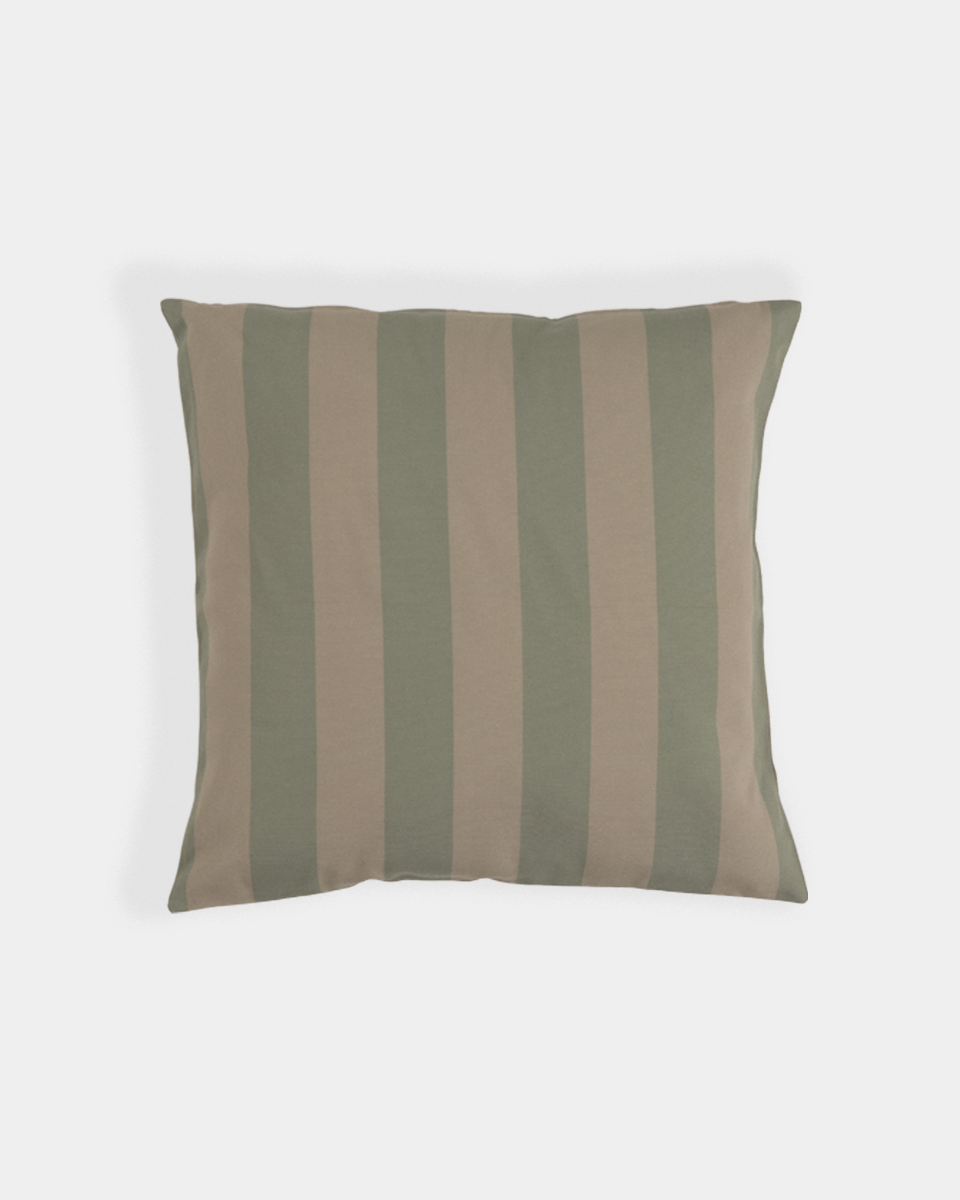 A square pillow with vertical stripes in muted eucslpyud green and beige, shown against a clean white background.