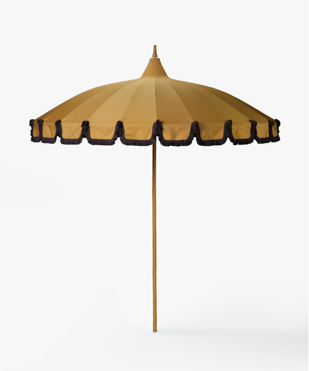 Parasol Safran gul – med brun frynser