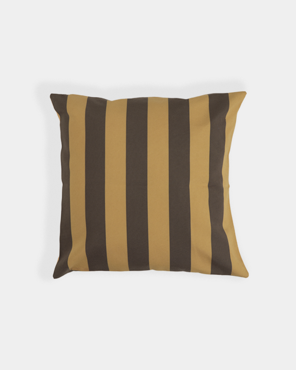 A square pillow with vertical stripes in yellow and dark brown, shown against a plain light gray background.