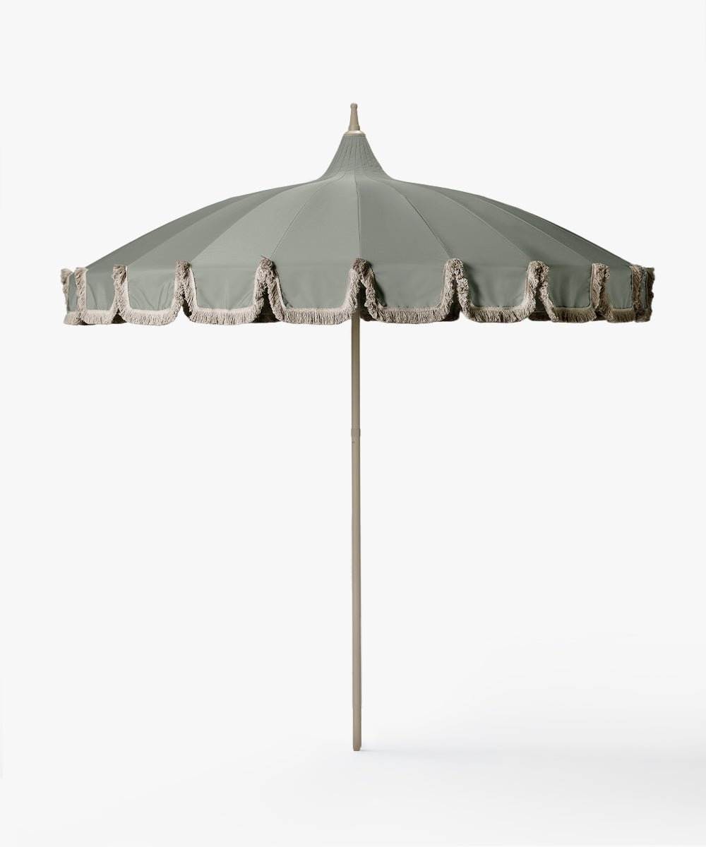 greige patio umbrella Garden Umbrella Eucalyptus – with beige fringe