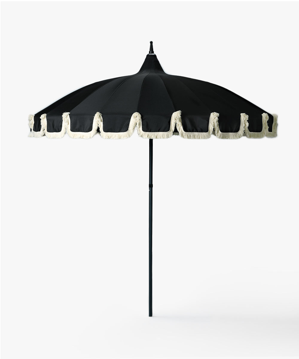 black and white stripe patio umbrella Garden Umbrella Black – with White fringe
